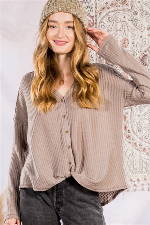 S9-7-1-T10017-MOCHA WAFFLE KNIT FRONT TWISTED DETAIL TOP 2-2-2