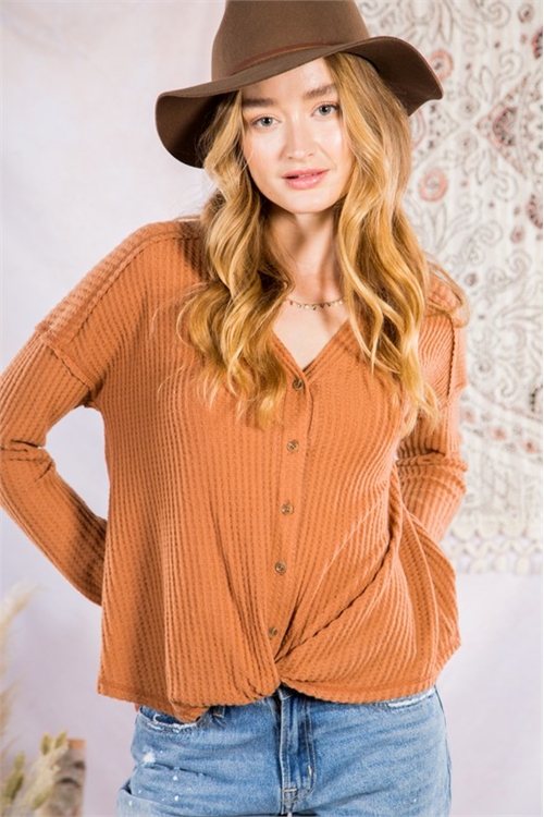 S9-8-1-T10017-CAMEL WAFFLE KNIT FRONT TWISTED DETAIL TOP 2-2-2