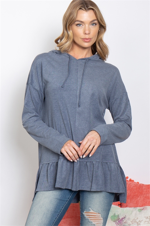 S6-2-2-T10058-DENIM LONG SLEEVE RUFFLE HEM HOODIE TOP 2-2-2