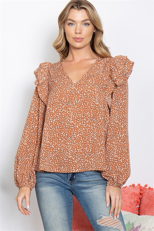 S11-7-4-T14905-RUST RUFFLE SHOULDER DETAIL PRINTED TOP 2-2-2