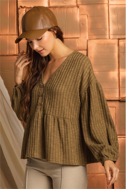 S8-3-3-T10049-OLIVE BABYDOLL PUFF SLEEVE RIB TOP 2-2-2