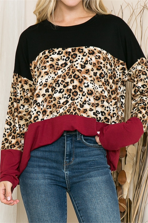 C20-B-2-T0170-BLACK BURGUNDY LEOPARD COLOR BLOCK TOP 2-2-2