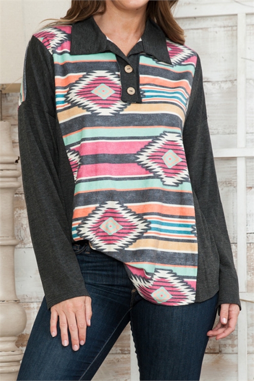 C32-B-3-T0171-CHARCOAL MULTI AZTEC PRINTED LONG SLEEVE TOP 2-2-2