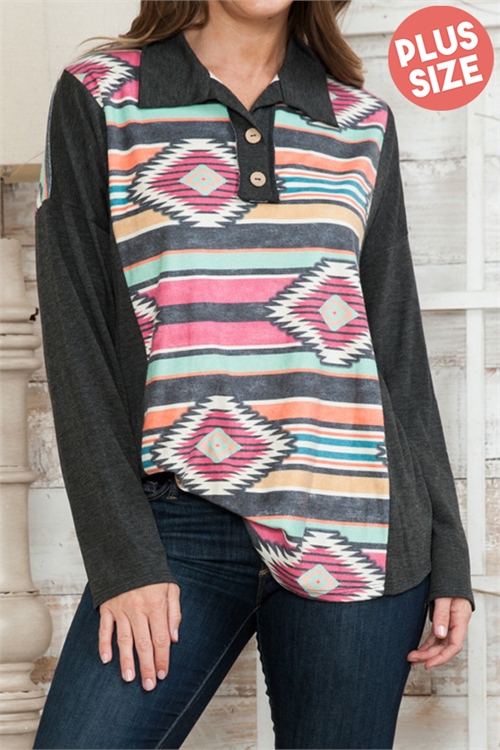 C36-A-1-T0171X-CHARCOAL PLUS SIZE MULTI AZTEC PRINTED LONG SLEEVE TOP 2-2-2