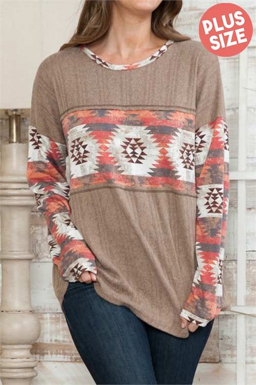 C38-A-1-T0154X-MOCHA PLUS SIZE LONG SLEEVE AZTEC CONTRAST TOP 2-2-2