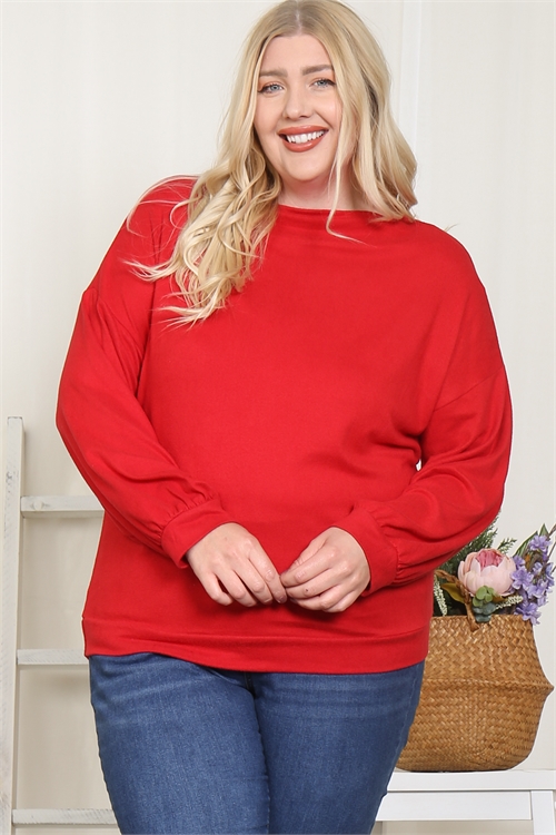 C38-A-1-T5043X-RED PLUS SIZE BOAT NECKLINE SOLID TOP 2-1-2