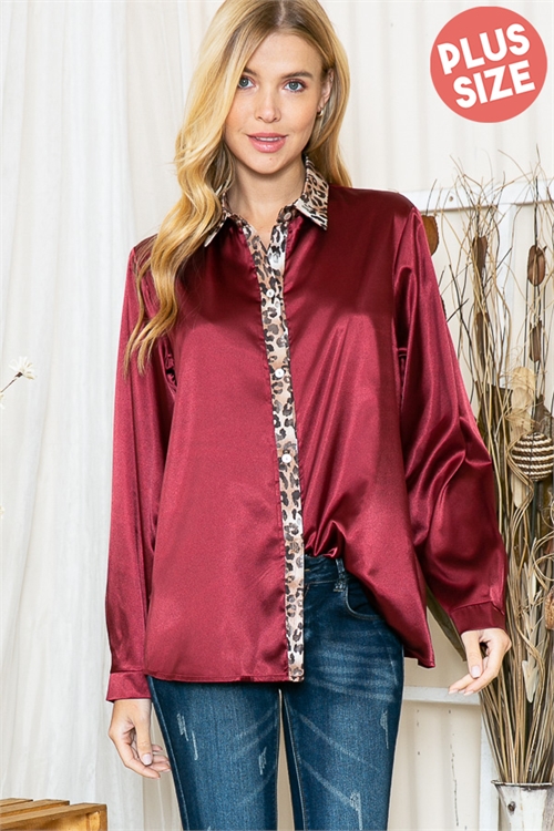 SA4-000-1-T0142X-BURGUNDY PLUS SIZE LEOPARD LINING METALLIC TOP 2-2-2