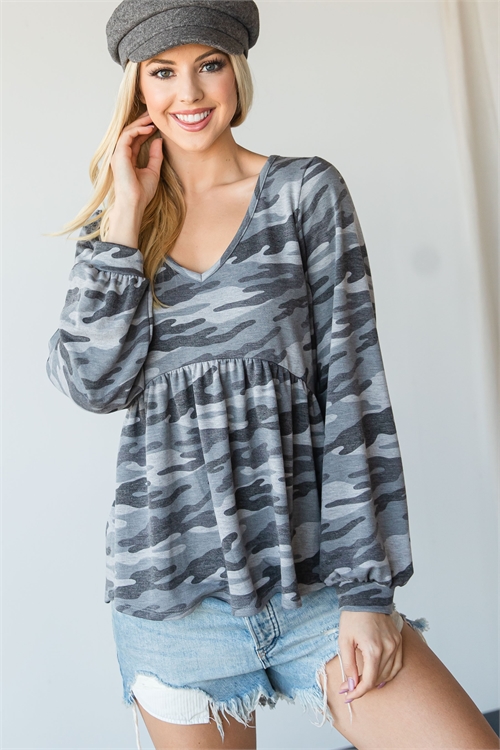 C20-B-3-T5236-GREY CAMO PUFF SLEEVE V-NECK TOP 2-2-2  (NOW $4.00 ONLY!)