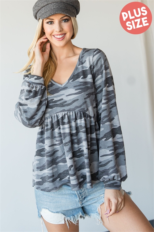 C48-A-1-T5236X-GREY PLUS SIZE CAMO PUFF SLEEVE V-NECK TOP 2-2-2   (NOW $5.00 ONLY!)