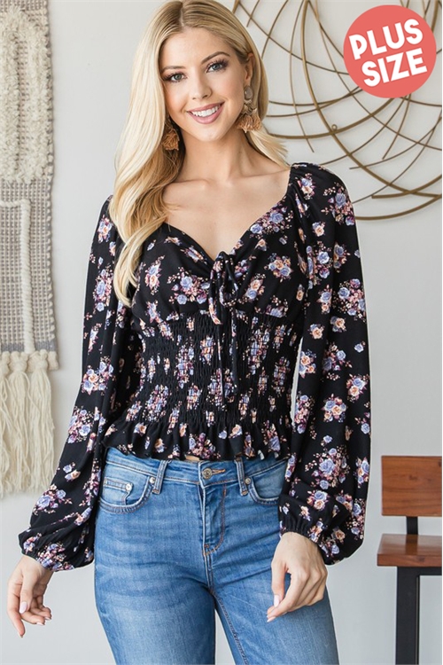 C62-A-1-T5013X-BLACK PLUS SIZE SWEETHEART NECKLINE FLORAL TOP 2-2-2