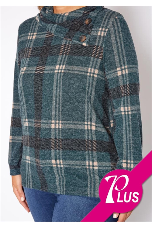 C72-A-1-T5016X-GREEN PLUS SIZE PLAID LONG SLEEVE TOP 2-2-2