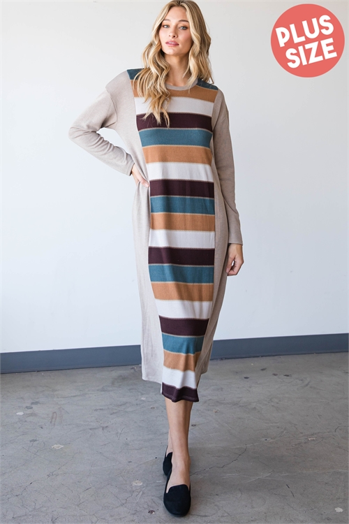 C76-A-1-D5069X-TAUPE PLUS SIZE MULTI STRIPES MAXI DRESS 2-2-2