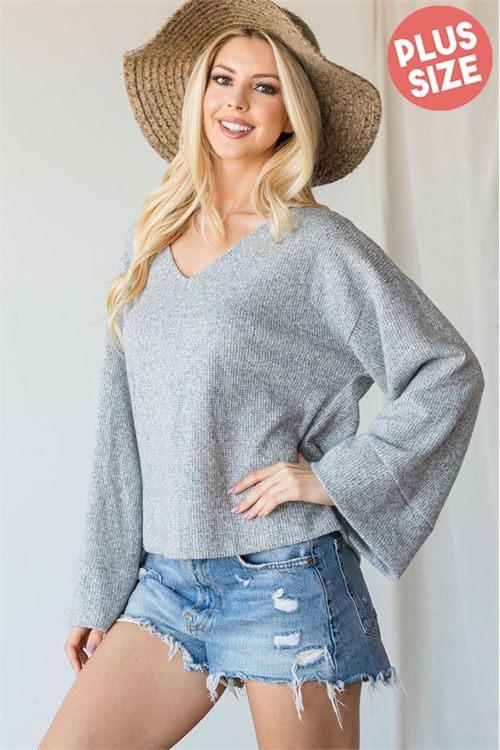 C78-A-1-T4099X-GREY PLUS SIZE V-NECK WIDE SLEEVE RIB TOP 2-2-2