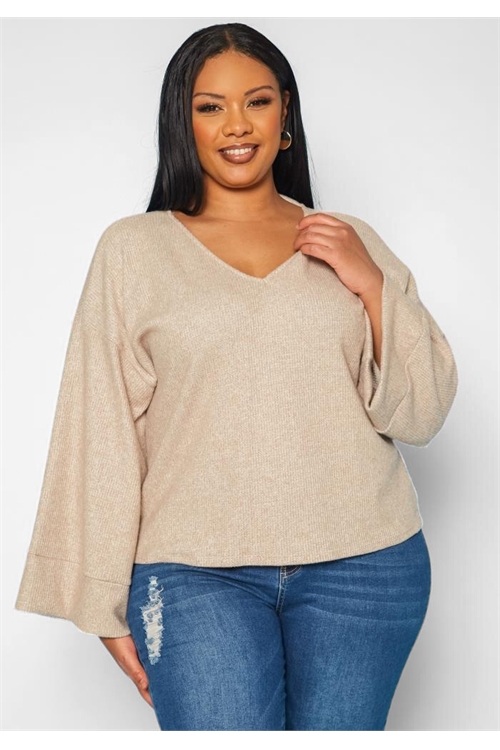 C78-A-1-T4099X-TAUPE PLUS SIZE V-NECK WIDE SLEEVE RIB TOP 2-2-2