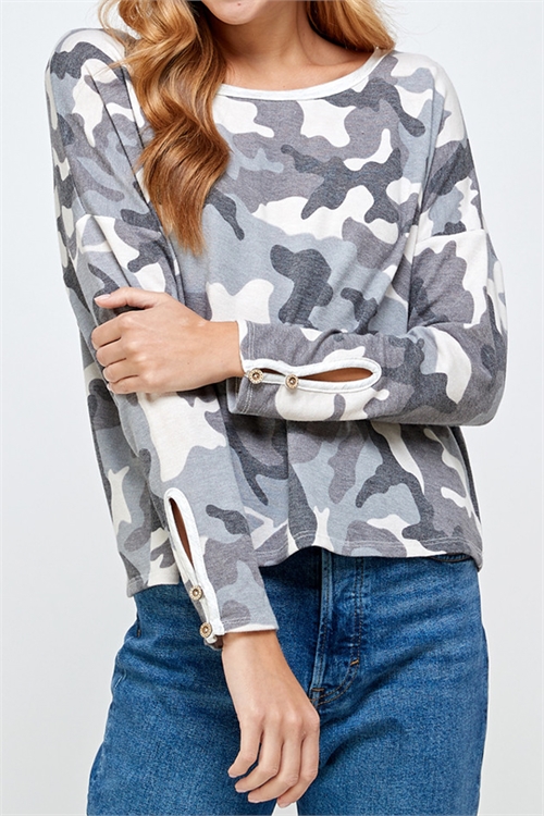 C4-A-2-T6121-GREY CAMO KEYHOLE DETAIL SLEEVE TOP 2-2-2 (NOW $3.75 ONLY!)