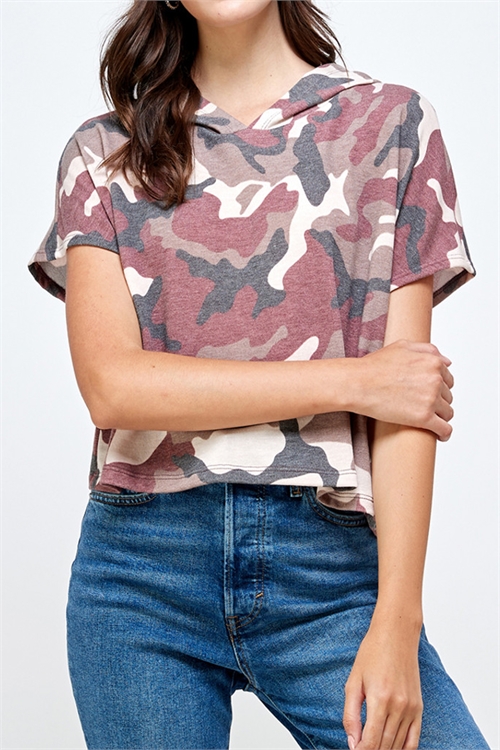 C44-A-1-T6133-MAUVE SHORT SLEEVES CAMO PRINT HOODIE TOP 2-2-2 (NOW $1.25 ONLY!)