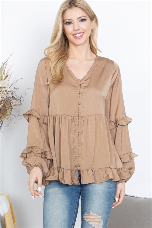 S9-13-3-T16863-MOCHA BUTTON DETAIL RUFFLE TOP TOP 4-2-1