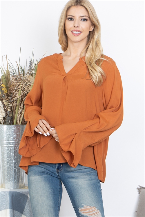 S13-8-2-T17042-RUST NOTCH NECKLINE BELL SLEEVE TOP 2-2-2 (NOW $ 4.00 ONLY!)