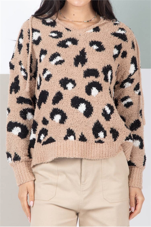 S25-8-1-S12W2221-TAUPE LEOPARD V-NECK POPCORN SWEATER 2-2-2