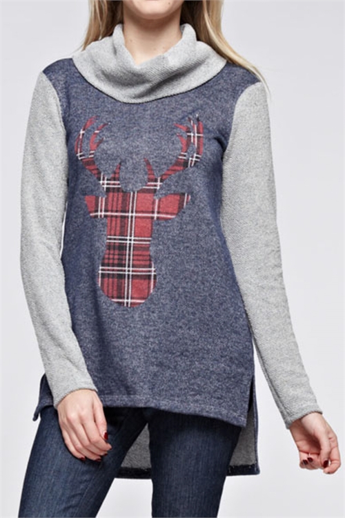 C22-A-2-T1069-NAVY GREY PLAID MOOSE PRINT TOP 2-2-2