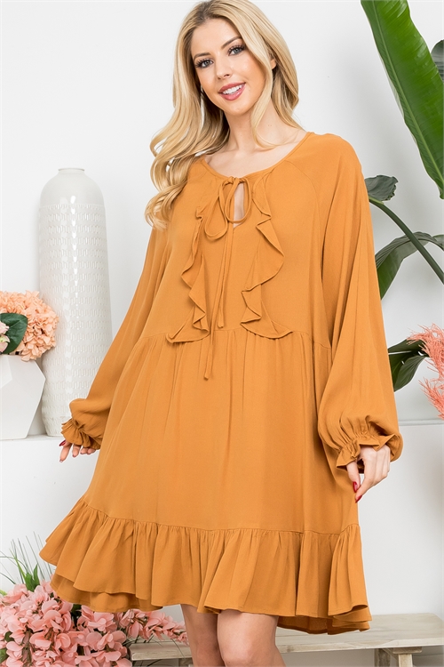 S8-10-1-D17690-CAMEL RUFFLE BALLOON SLEEVE RIBBON DETAIL DRESS 2-2-2 (NOW $6.75 ONLY!)