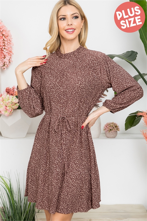 S16-3-2-D18276X-BROWN IVORY PLUS SIZE MOCK NECK PRINTED ABOVE-KNEE DRESS 3-2-1