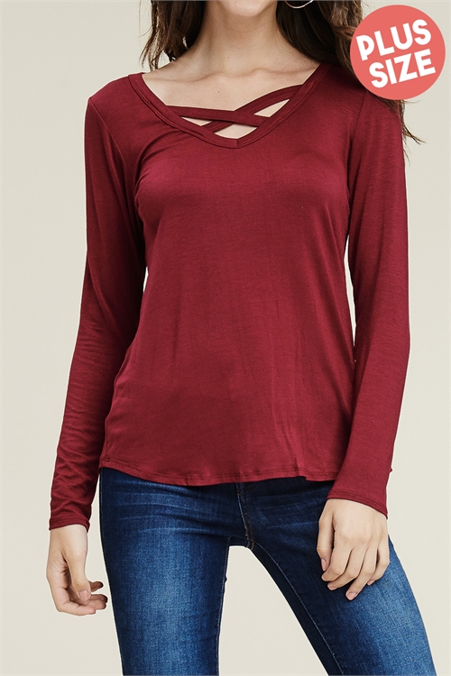 C82-A-1-T1535X-BURGUNDY PLUS SIZE CRISS CROSS LONG TOP 2-2-1