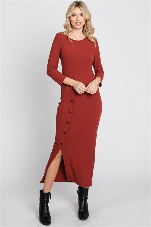 S14-6-2-AD4915-RUST ROUND NECK BUTTON FRONT RIB MIDI DRESS 2-2-2