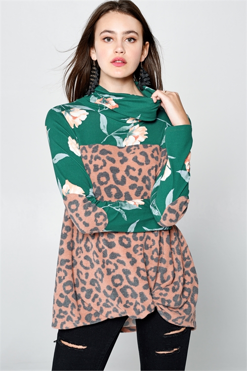 C20-A-3-T62758-RUST GREEN LEOPARD ELBOW PATCH FLORAL TOP 2-2-2