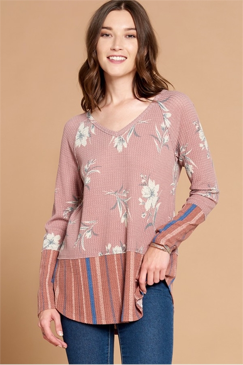 C10-A-1-T63222-MAUVE CREAM FLORAL WAFFLE TOP 2-2-2