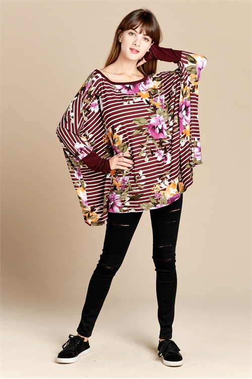 C38-A-1-T62565-BURGUNDY WHITE STRIPE FLORAL DOLMAN TOP 2-2-2