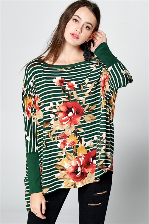 C38-A-1-T62565-GREEN WHITE STRIPE FLORAL DOLMAN TOP 2-2-2