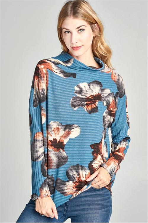 C50-A-3-T61644-TEAL FLORAL TURTLE NECK LONG SLEEVE TOP 2-2-2