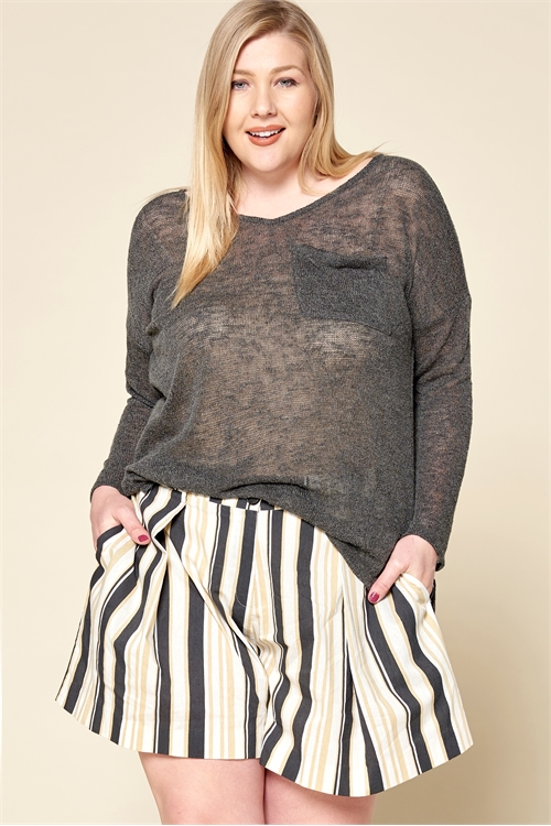 C62-A-3-T62786X-CHARCOAL PLUS SIZE V-NECK LONG SLEEVE TOP 2-2-2