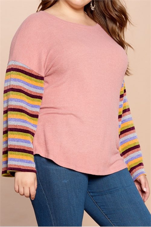 C76-A-2-T63191X-BLUSH PLUS SIZE MULTI STRIPE LONG SLEEVE TOP 2-2-2 (NOW $4.00 ONLY!)