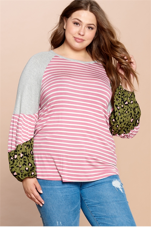 C88-A-2-T63266X-GREY PINK PLUS SIZE ANIMAL PRINT CONTRAST STRIPES TOP 2-2-2 (NOW $2.50 ONLY!)