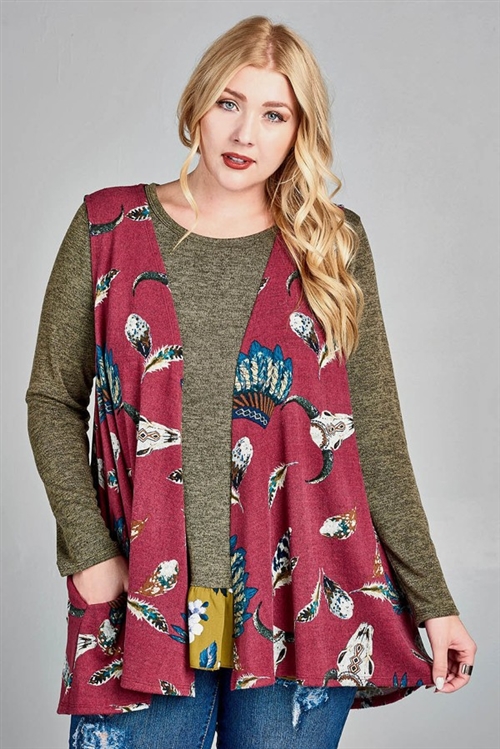 C86-A-1-V61915X-BURGUNDY PLUS SIZE FLORAL PRINT VEST 2-2-2