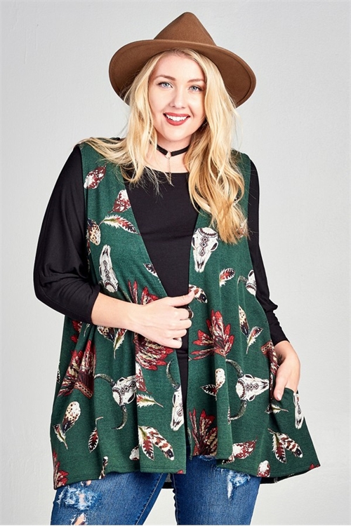 C86-A-1-V61915X-GREEN PLUS SIZE FLORAL PRINT VEST 2-2-2