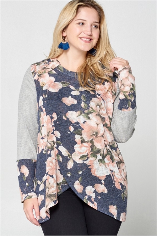 C90-A-1-T62795X-NAVY BLUSH PLUS SIZE WAFFLE SLEEVE FLORAL TOP 2-2-2