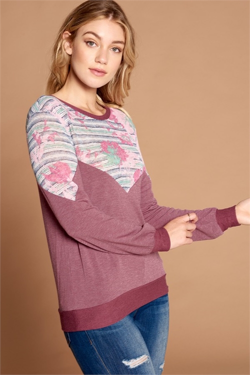 C10-A-2-T63094-BURGUNDY CHEVRON FLORAL DETAIL TOP 2-2-2 (NOW $2.50 ONLY!)