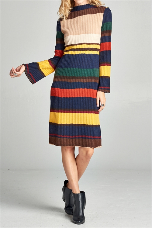 C20-A-1-D20548-MULTI COLOR LONG SLEEVE RIB  DRESS 0-2-2