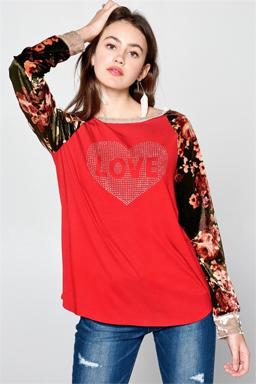 C24-B-1-T62753-RED LOVE PRINT FLORAL SLEEVE TOP 2-2-2