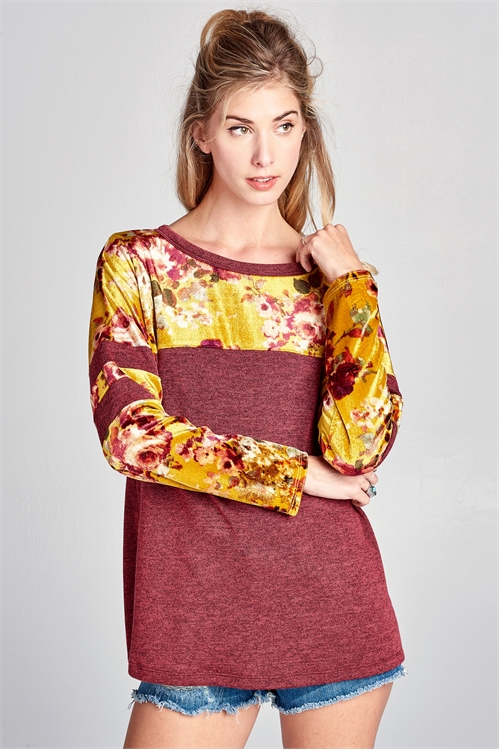 C24-A-3-T61800-BURGUNDY MUSTARD FLORAL CONTRAST TOP 2-2-2