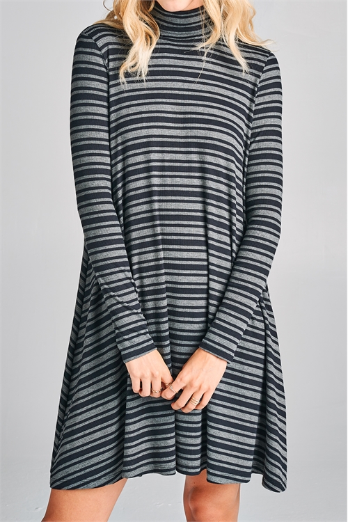 C32-A-3-D20576-BLACK CHARCOAL STRIPE TURTLE NECKLINE LONG SLEEVE DRESS 2-2-2