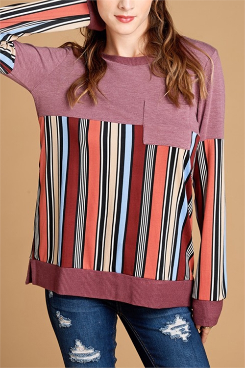 C32-A-3-T62428-BURGUNDY MULTI STRIPE LONG SLEEVE TOP 2-2-2