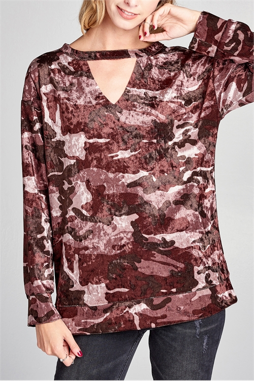 C32-A-2-T61788-BROWN VELVET KEYHOLE NECKLINE CAMO TOP 2-2-2