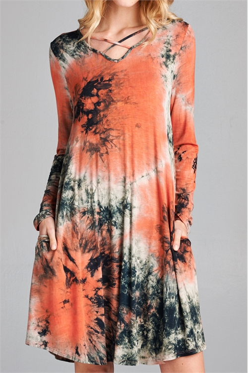 C42-A-1-D20433-RUST BLACK CRISS CROSS NECKLINE TIE DYE  DRESS 1-1-0