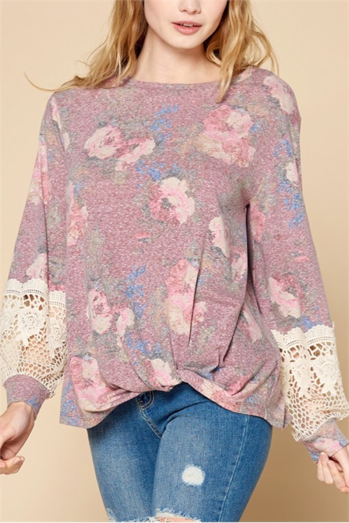 C42-A-1-T62738-MAUVE PINK LACE DETAIL LONG SLEEVE FLORAL TOP 2-1-2