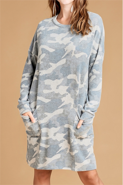 C32-A-1-D20743-GREY CAMO LONG SLEEVE ABOVE KNEE DRESS 0-2-2