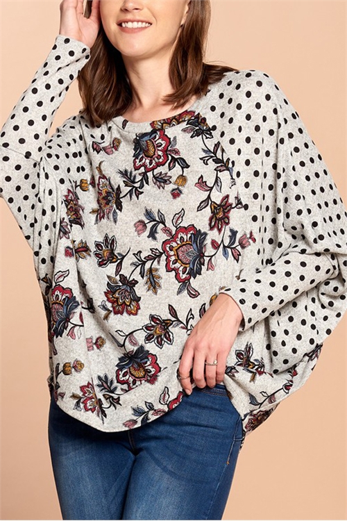 C38-A-3-T63215-GREY FLORAL POLKA DOT DOLMAN SLEEVE TOP 3-3 (NOW $3.00 ONLY!)